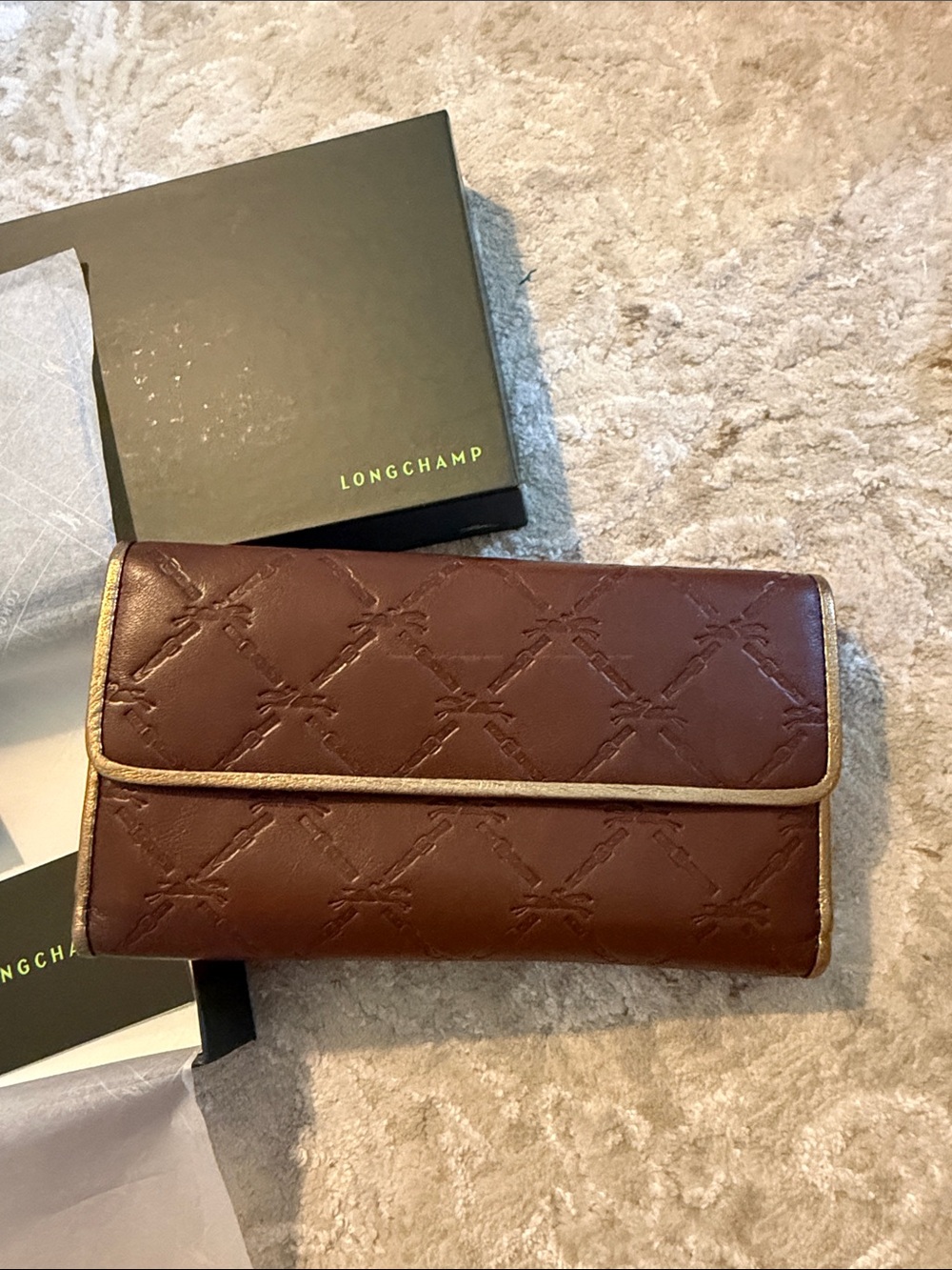 Longchamp Brown Quilted Leather Fold-Over Wallet with Gold Trim